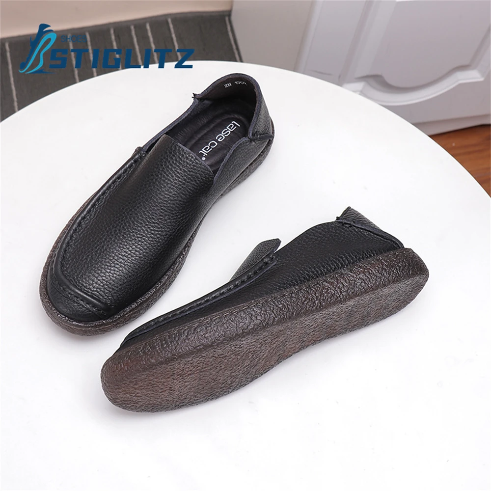 Embossed Stitching Cowhide Loafers Round Toe Shallow Slip On Flat Casual Shoes for Men Oxford Soft Sole Men's Leather Shoes New