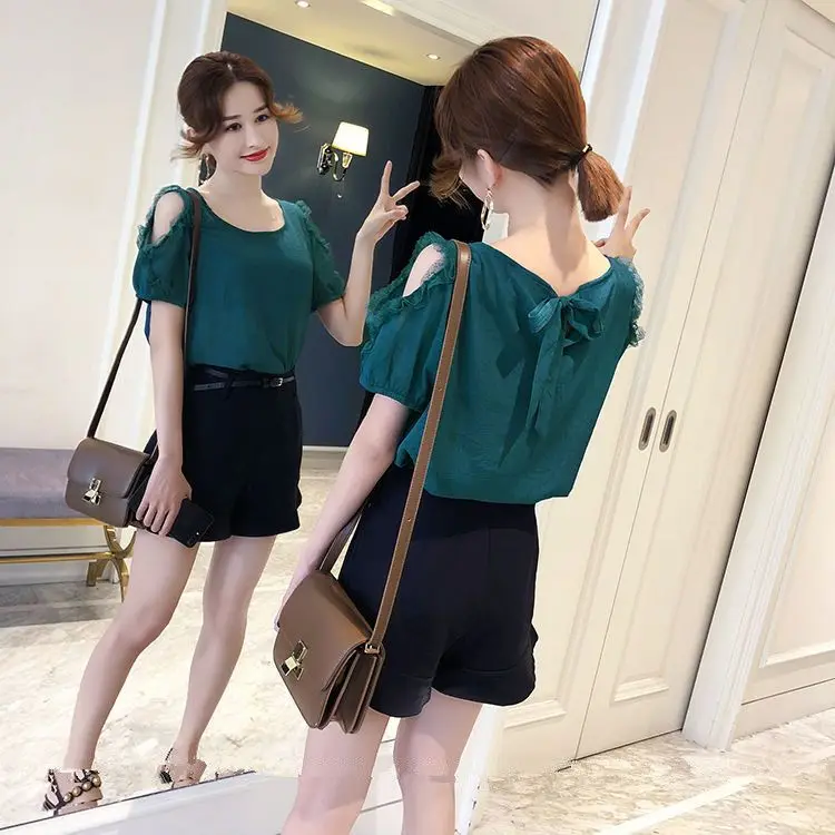 

Chiffon Short Sleeve Blouse Summer New Women's Clothing Korean Fashion Solid Color Off-shoulder Shirt Top