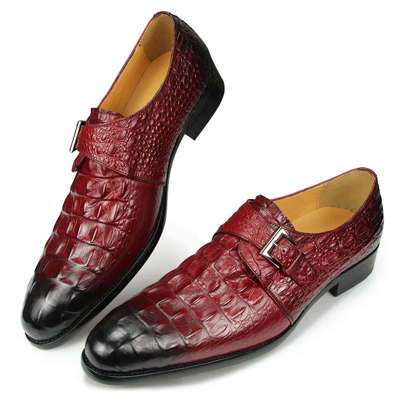 Crocodile Printing Loafers Monk Strap Buckle Pointed Toe Shoe Men Formal Genuine Leather Size 39-48 Good Quality