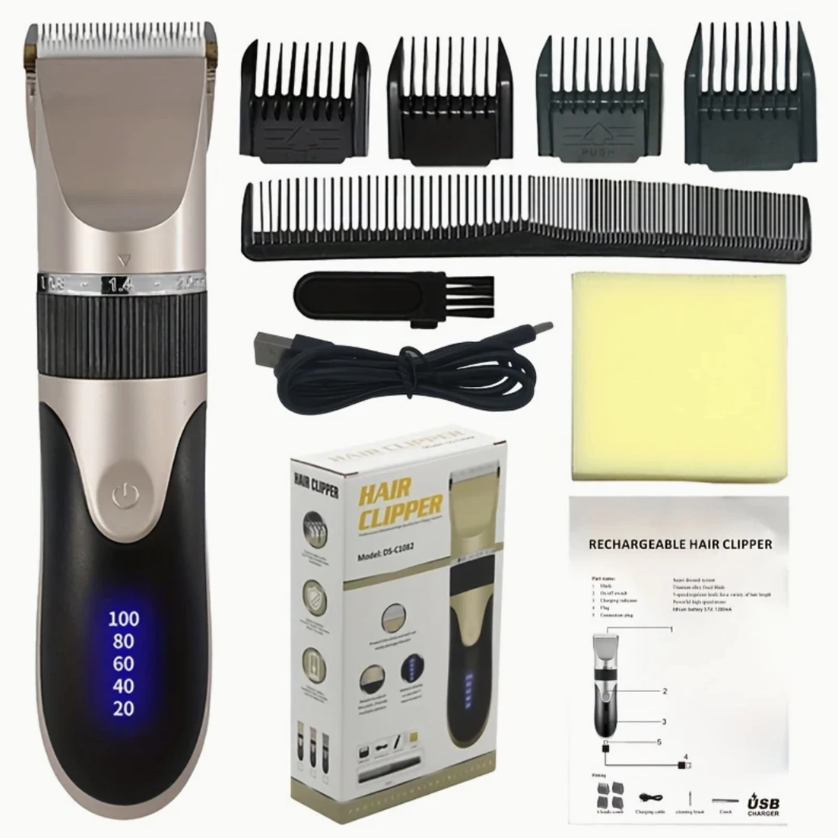 Haarschneidemaschine mit Kammaufsatz und 4 Aufsätzen, Haarschneideklinge, Körperhaartrimmer, geräuscharm, wiederaufladbar_voghion.com