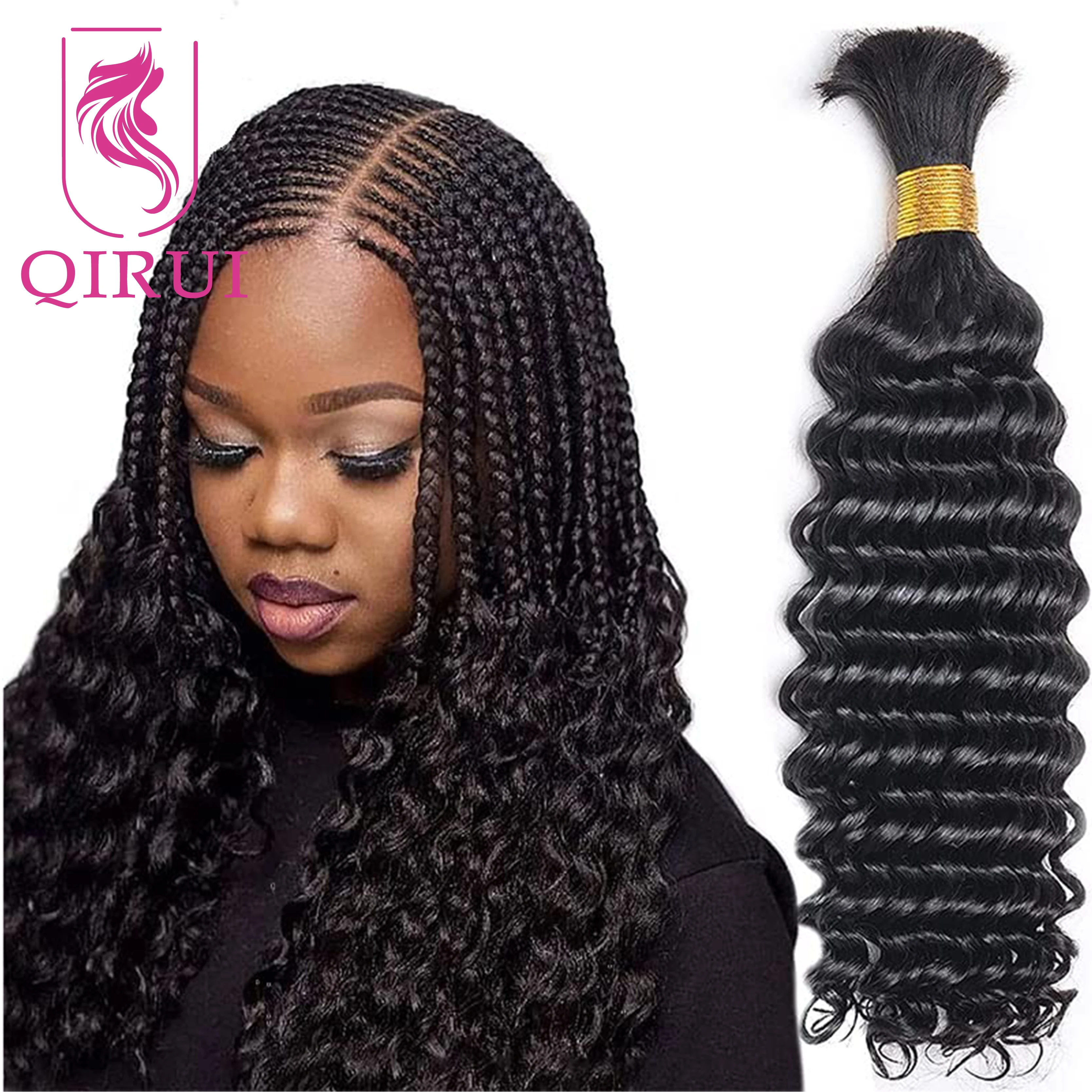 

Double Drawn Deep Wave Human Hair Bulk For Braiding Indian Remy Hair No Weft Braids Hair 8-30Inch Natural Black For Women