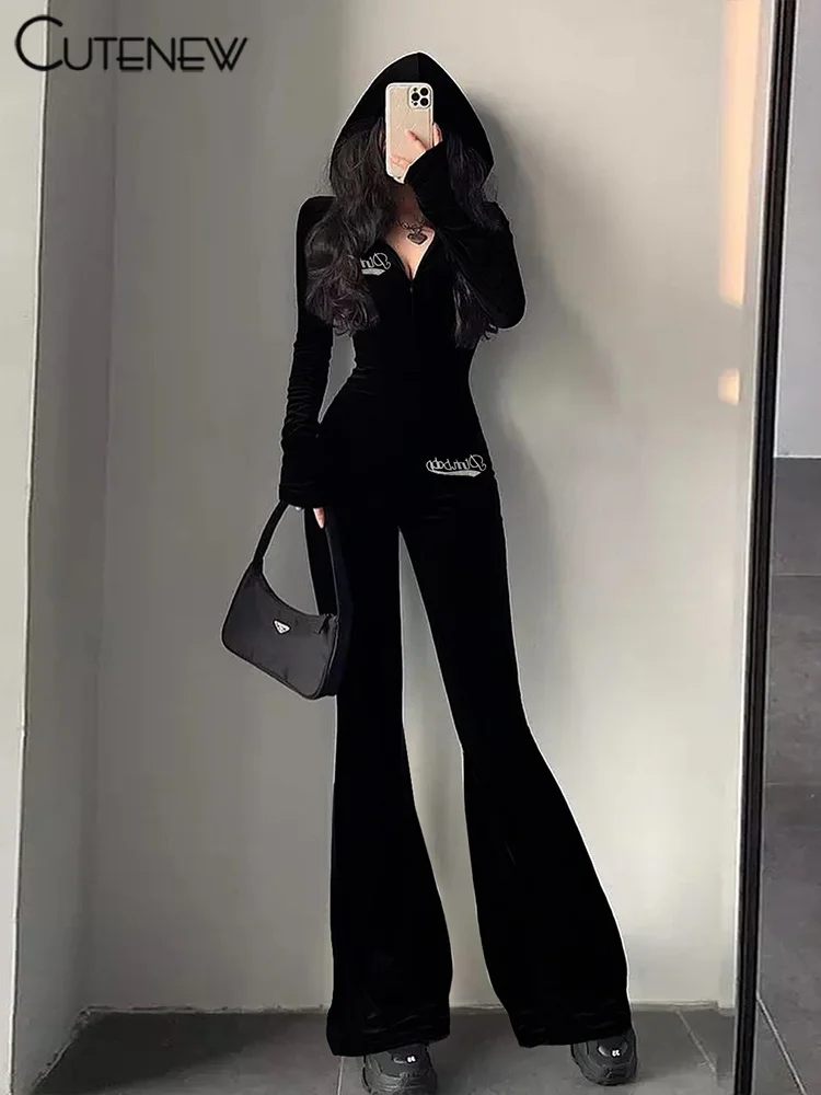 Mono clásico de lentejuelas para mujer, moda nueva, manga larga, cremallera, capucha, ajustado, acampanado, informal, de calle, de una pieza