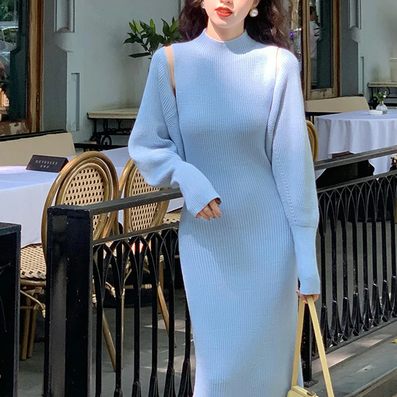 Lazy Autumn French Elegant Knitted Dress Sets Women's Autumn New Solid Sleeveless Long dress+Knit Cape Cardigan Two Piece Set