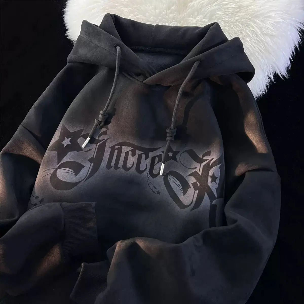 

American oversize five-pointed star hooded sweatshirt for women new style plus velvet loose retro Hong Kong style chic jacket