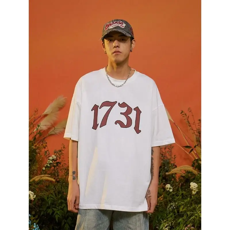 

Korean 2024 new style 1731 digital printing couple retro short-sleeved T-shirt sports college style trendy simple versatile top