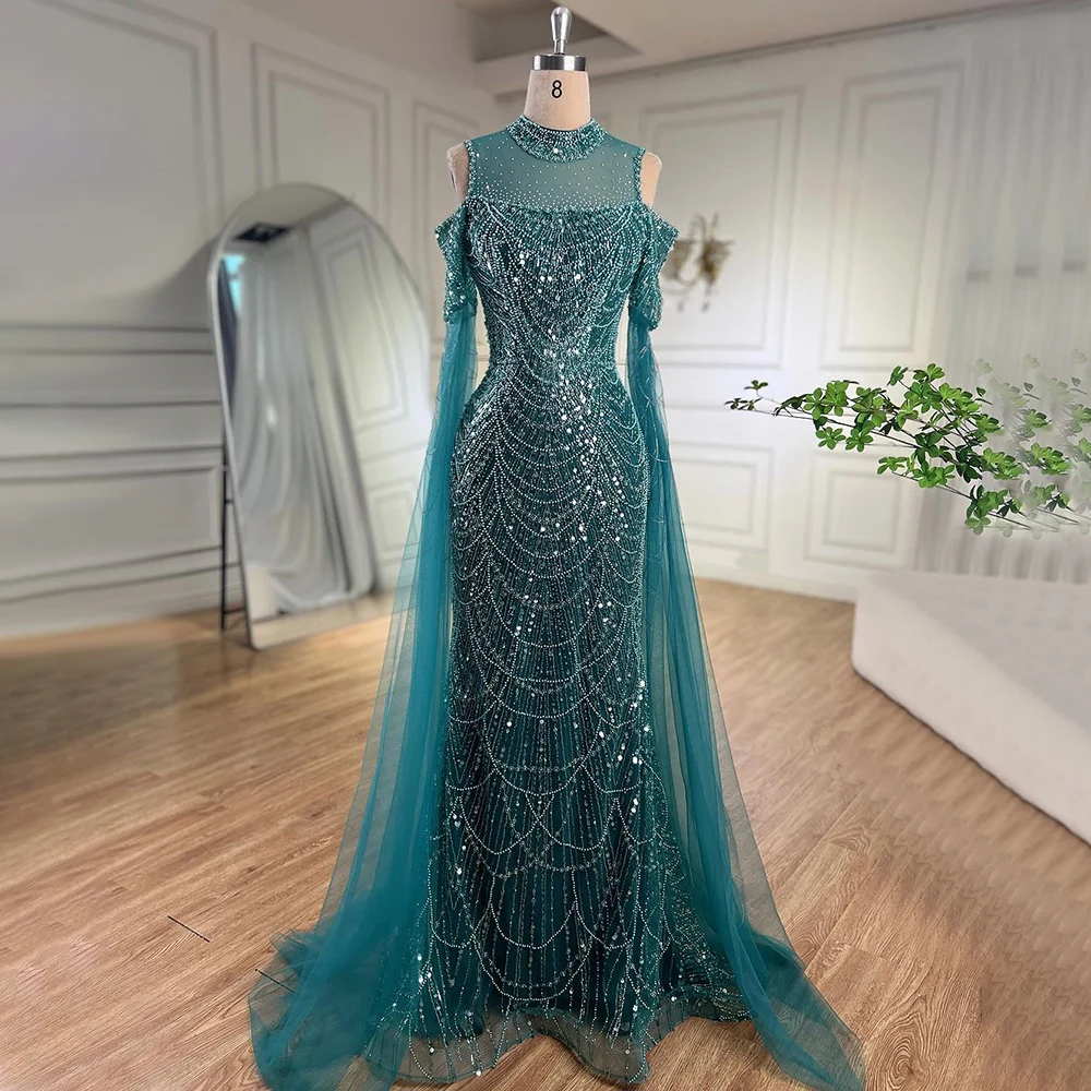 Arabic Mint Mermaid Cape Sleeves Beaded Luxury Long Evening Dresses Gowns  2025 Customize Wedding Party BLA71992 Serene Hill - AliExpress 320