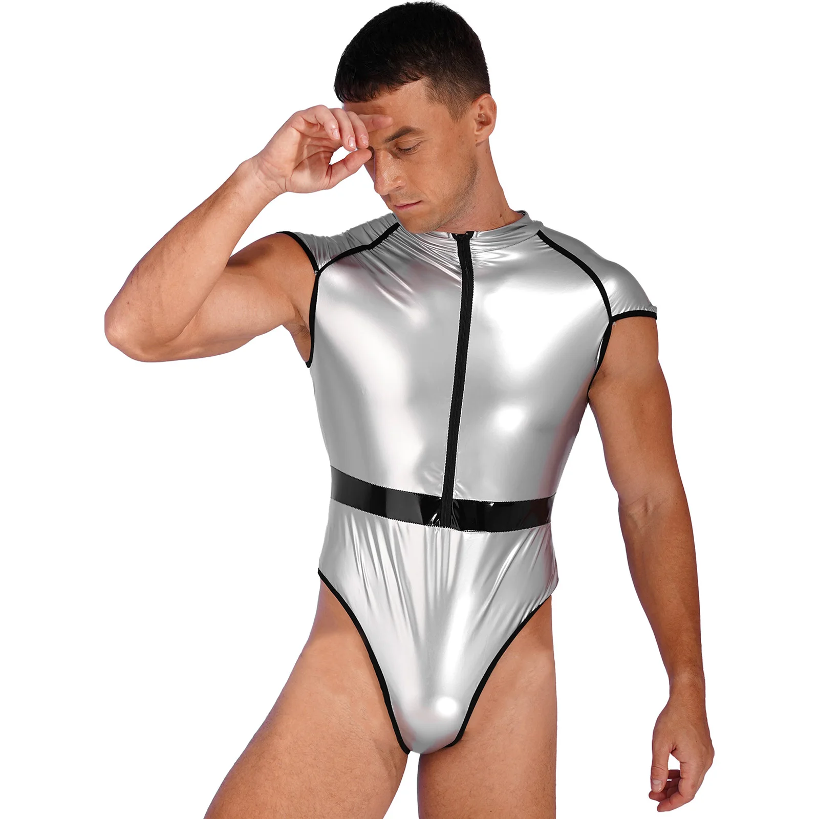 

Mens High Cut Patent Leather Catsuit Sleeveless Astronaut Role Play Costume Mock Neck Zipper Front Bodysuit for Halloween