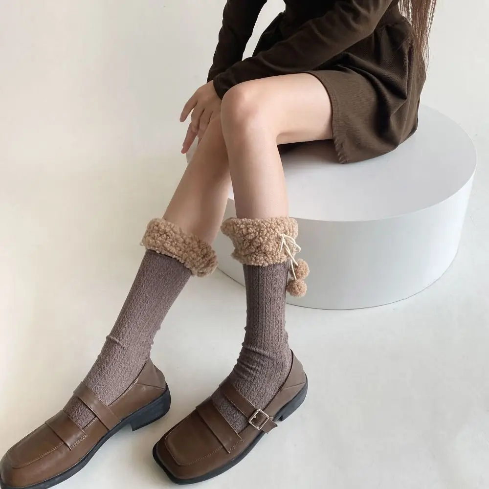 

Зимние однотонные носки из овечьей шерсти в японском студенческом стиле милые носки до щиколотки с бантиком и помпоном для волос женские Чулочно-носочные изделия
