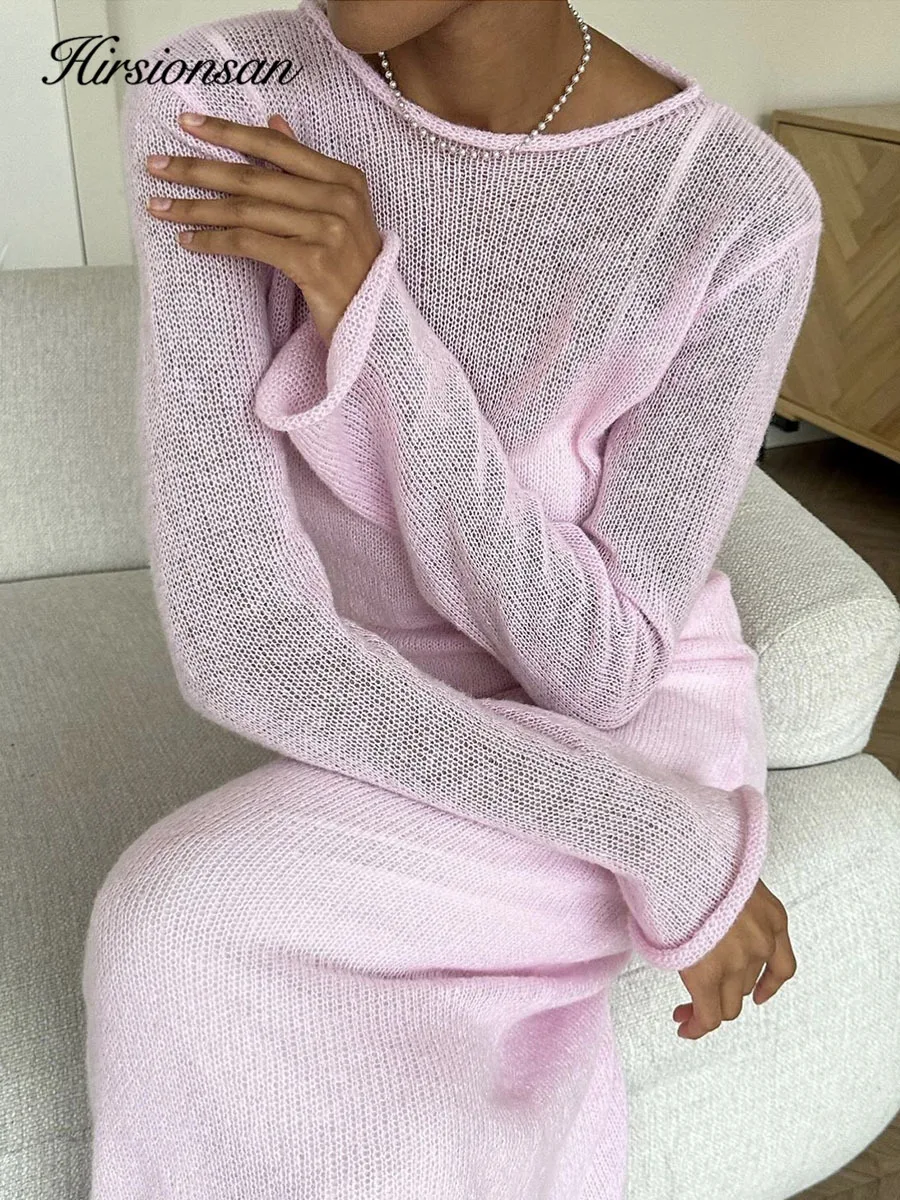 Hirsionsan Spring Autumn O-Neck Elastic Knit Long Dresses Women 2024 Elegant Chic Soft Lady Hollowing Sweater Dresses Femme New 4