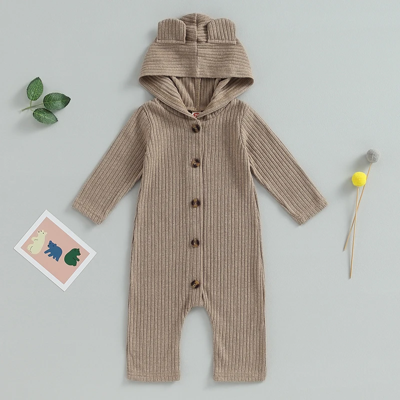 0-12M Autumn Baby Boys Girls Cute Romper Solid Color Long Sleeve Single Breasted Hooded Jumpsuits baby rompers baby jumpsuit baby clothing