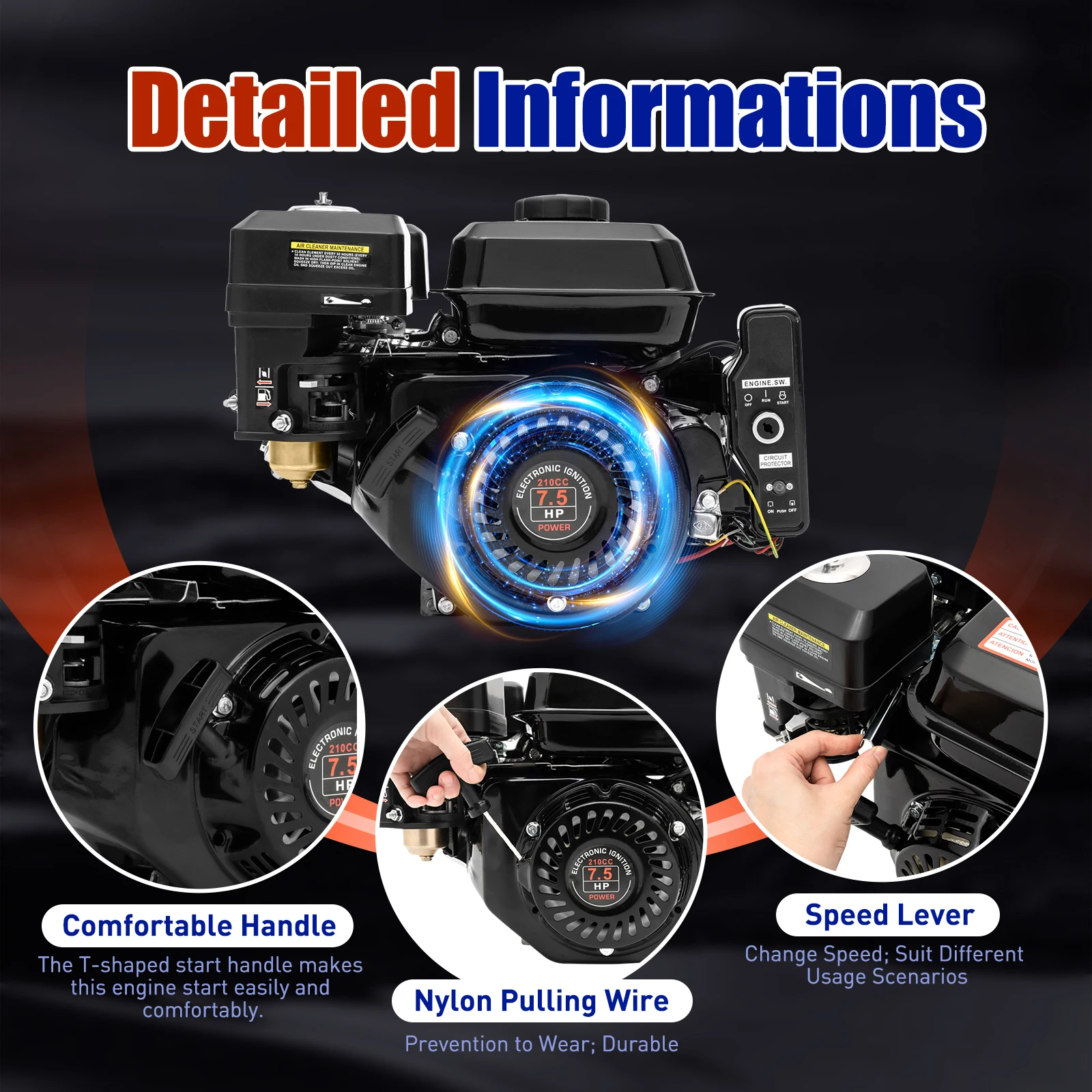 210cc Gasoline Engine 4-Stroke Engine 7.5HP 3600RPM Low Fuel Consumption Efficient Cooling Low Noise Motor for Go-karts