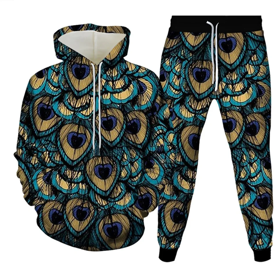 Autumn/Winter Hoodies Set Color Animal Peacock Feather Pattern 3D Print Men Clothing 2 Pieces Sweatpants Oversize High-quality 2