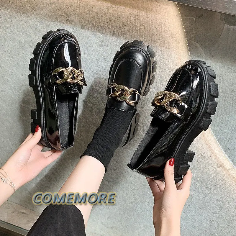 Women Mary Janes Platform Shoes Round Foot Spring Metal Chain Designer Casual Leather PU Oxfords Slip on Loafers