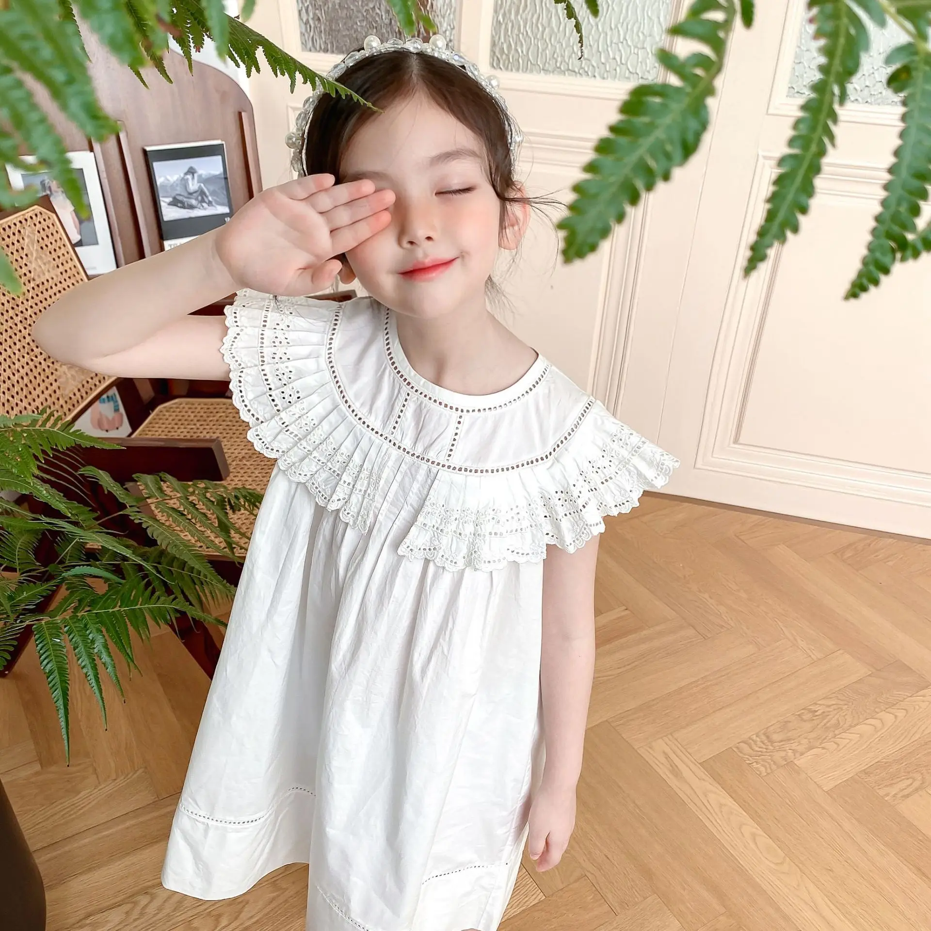 

Summer baby girls clothes kids dresses Heavy Embroidery Hollow Lotus Leaf Neck White Princess Dress