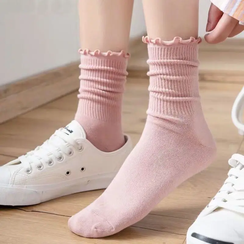 2024 New 3 Pairs Women Ruffle Lace Cute Socks Polyester Cotton Loose Knitting Solid Color Long Breathable Mid Tube Sock