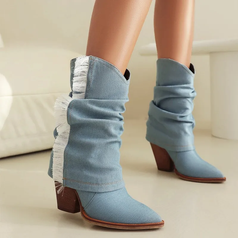 

2023 Brand New High Heeled Women Ankle Boots Western Cowgirl Denim Slouch Pleated Pointed Toed Slip On Fringed Booties Plus Size