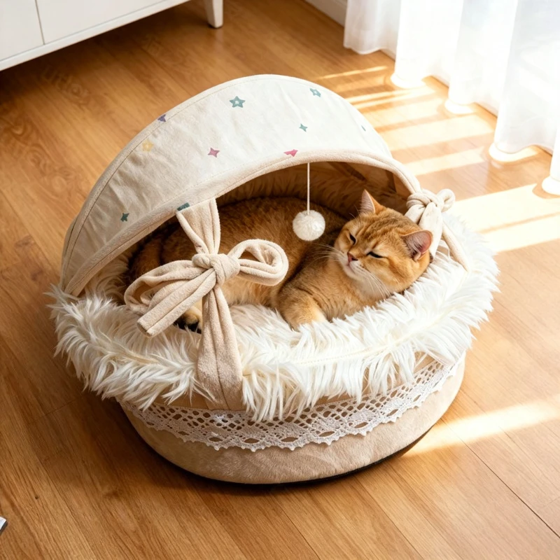 BOOTEELY Pet Cradle Cat Nest Bow Lace Semi-Closed Universal In All Seasons Breathable With Canopy Shading Pet Nest