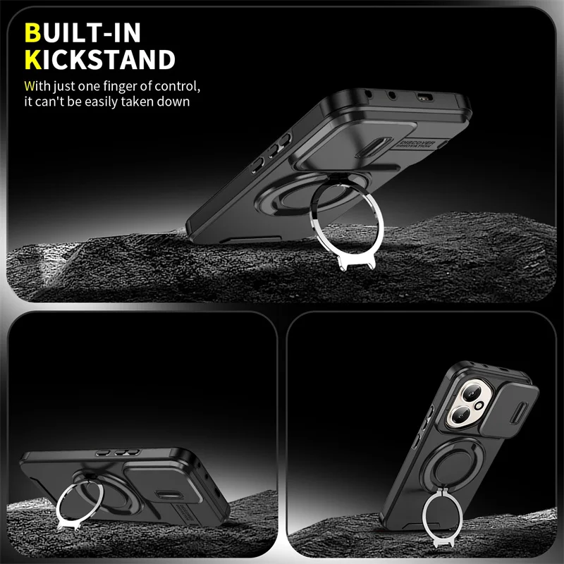 Luxury Slide Camera Protection Magnetic Ring Stand Phone Case - Shockproof Armor Cover