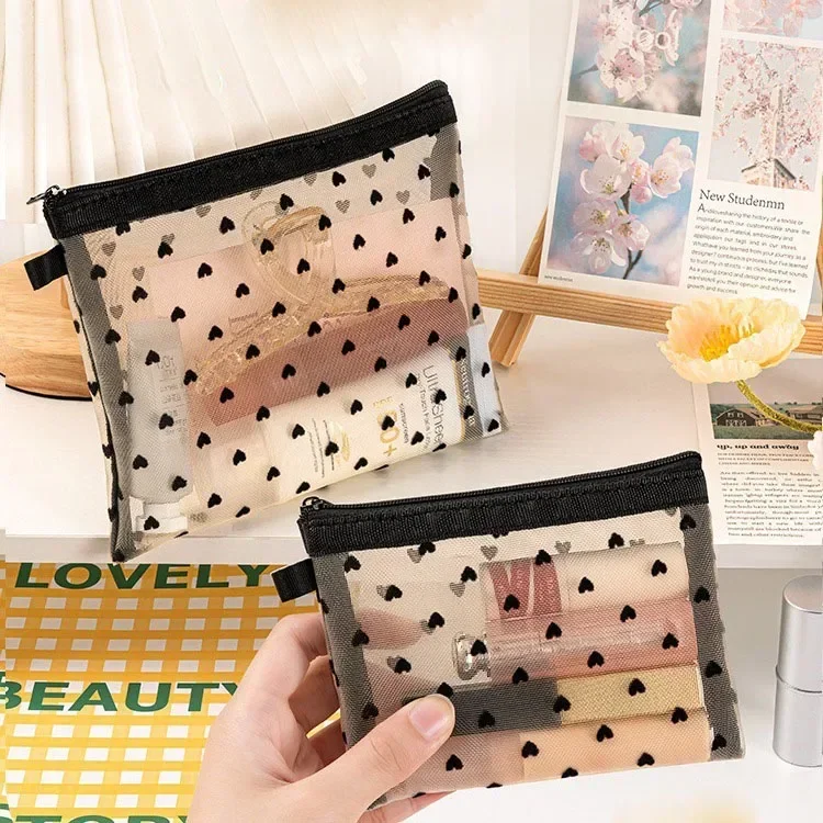 Liebe Herz Mesh Mode Kosmetik Tasche für Mädchen Waschen Toilettenartikel Organizer Make-Up Tasche Transparent Frauen Lippenstift Lagerung Beutel