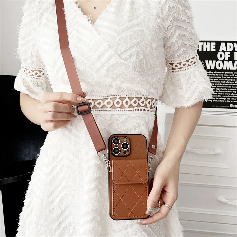 Leather Dust-Proof Phone Case with Wide Lanyard and Card Holder