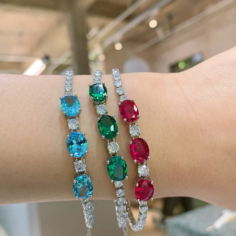 

2022 New 925 Sterling Silver 7*9mm Aquamarine Stone Emerald Ruby Bracelet Women Party Fine High Quality Jewelry Friends Gift