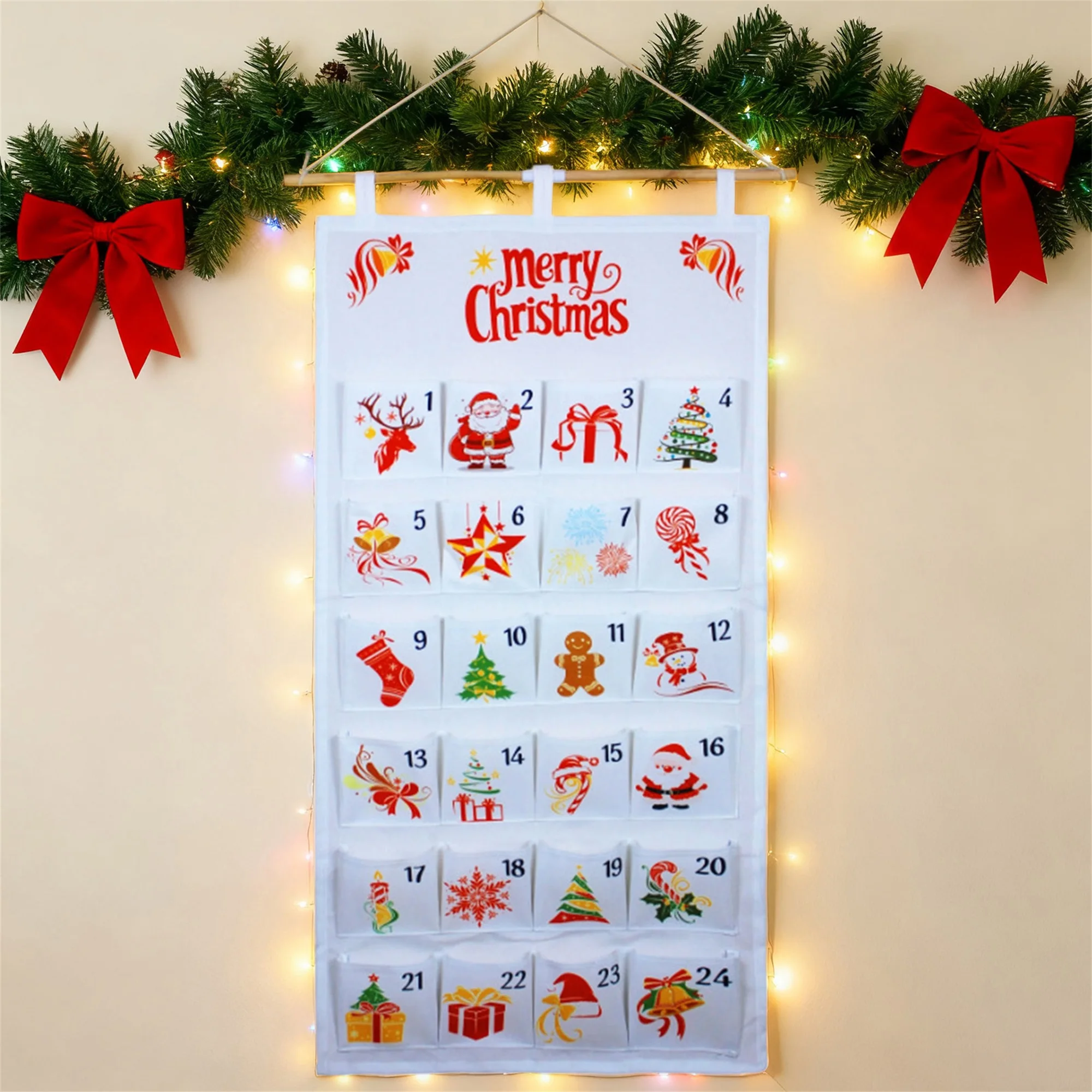 Christmas Countdown Calendar with Pockets 24 Days Hanging Organizer for Wall Home Festive Decoration and Storage