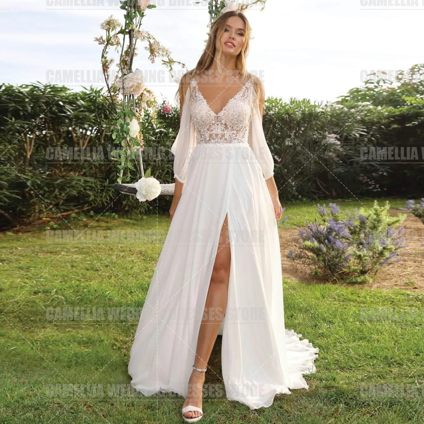 Boho Off The Shoulder Abiti Da Sposa Donna Sexy Scollo A V Manica A Sbuffo Appliques Princess Side Split Abiti Da Sposa Eleganti Formali