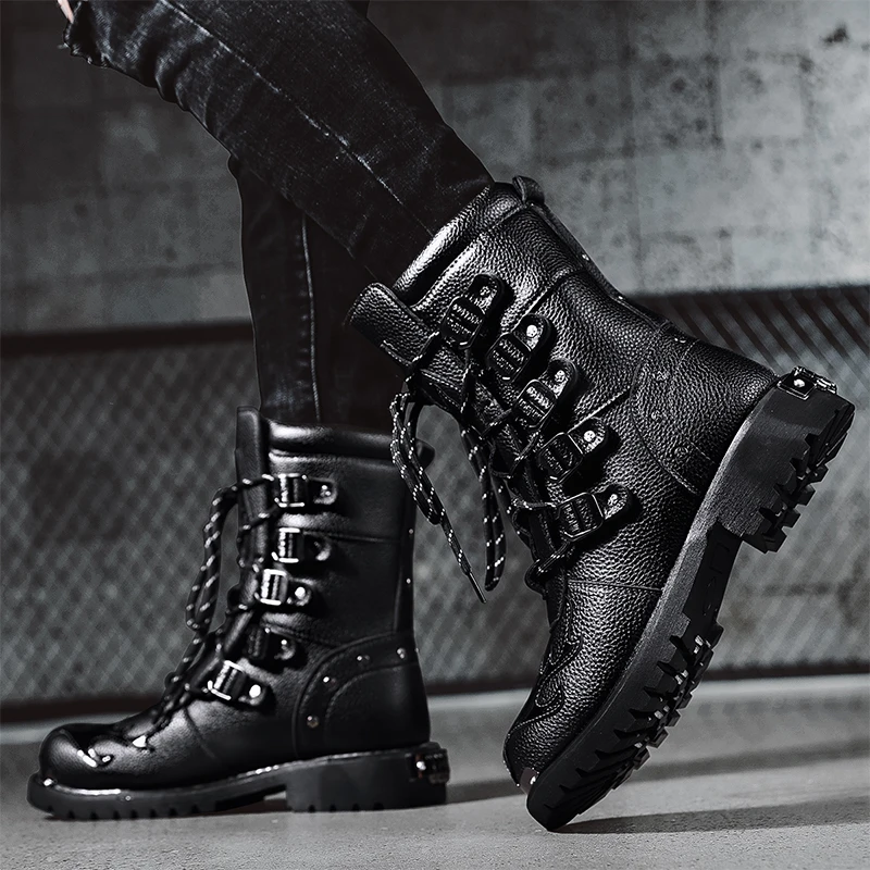 Black Leather Men's Platform Ankle Boots Square Toe Lace Up Shoes_voghion.com