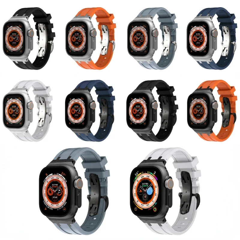 Liquid Silicone Strap for Apple Watch Ultra2 49mm 9 8 7 45mm 41mm Metal Butterfly Buckle Wristband 6 5 4 SE2 44mm 40mm Bracelet