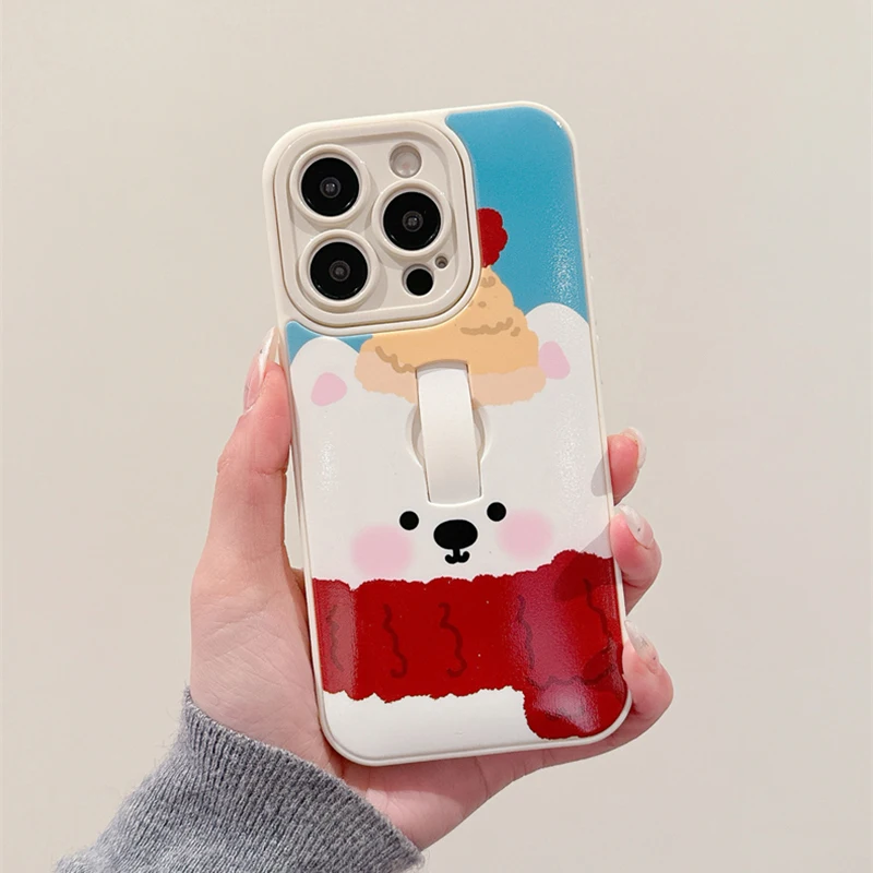 Cartoon Cute Bear Dog Ring Holder Phone Case For iPhone 16 15 13 14 Pro Max TPU Back Cover With Bracket