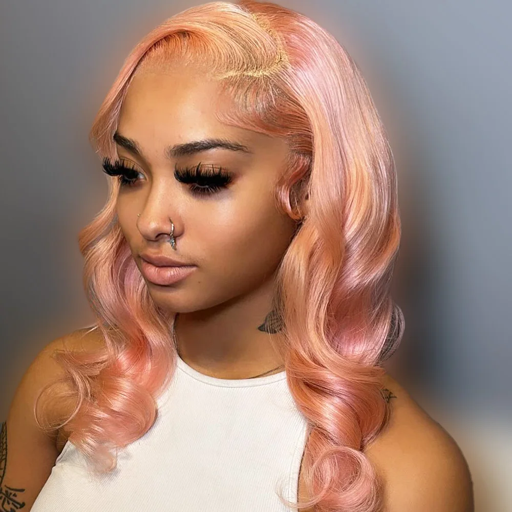 

Light pink 13*4 wig transparent Brazilian hair splicing full body wave lace forehead wig human hair 13*6 transparent lace