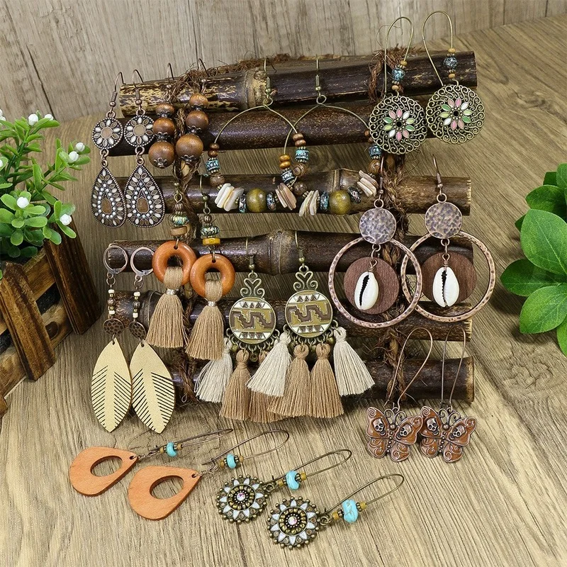 

Висячие серьги в виде листьев в стиле ретро, Женские Геометрические серьги ручной работы с деревянными бусинами, ракушками, кофейным цветом, кисточками, ювелирные изделия в стиле бохо