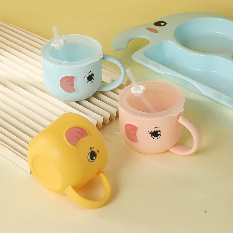 Drinking Cup Water Cup Water Bottle Feeding Cup Baby Learning Cartoon Elephant Shape Leak-proof With Straws