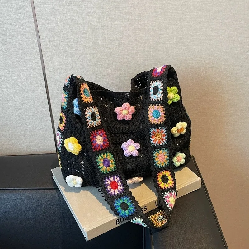 Fashionable Hollow Out Floral Casual Crossbody Bag, Stylish Crochet Shoulder Bag, Color Position Flowers Shoulder Strap Random