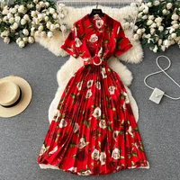 2026 Summer Women Floral Pleated Dress Vintage Turn-Down Collar Short Sleeve Single Breasted Printed Draped Midi Vestidos New