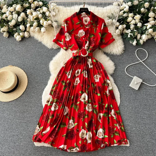 2026 Summer Women Floral Pleated Dress Vintage Turn-Down Collar Short Sleeve Single Breasted Printed Draped Midi Vestidos New