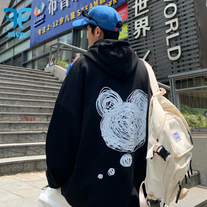 

FAVRE Graffiti Bear Sweatshirts Mens Y2K Print Pullovers Spring Autumn Hoodies Ins Casual Hong Kong Style High Street Couple Top