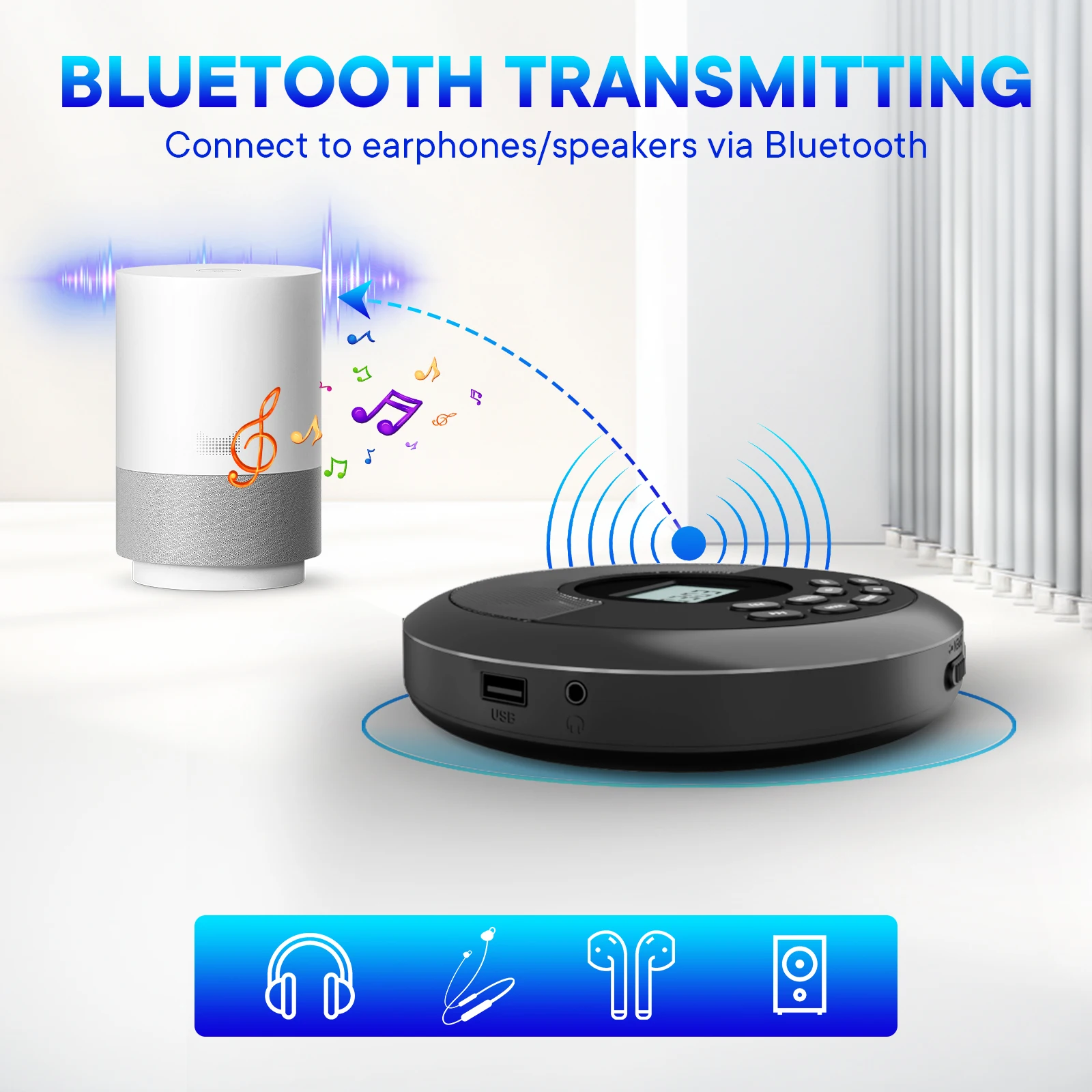 portable cd player with bluetooth rechargeable discman with speakers walkman cd player with USB bluetooth transmitting