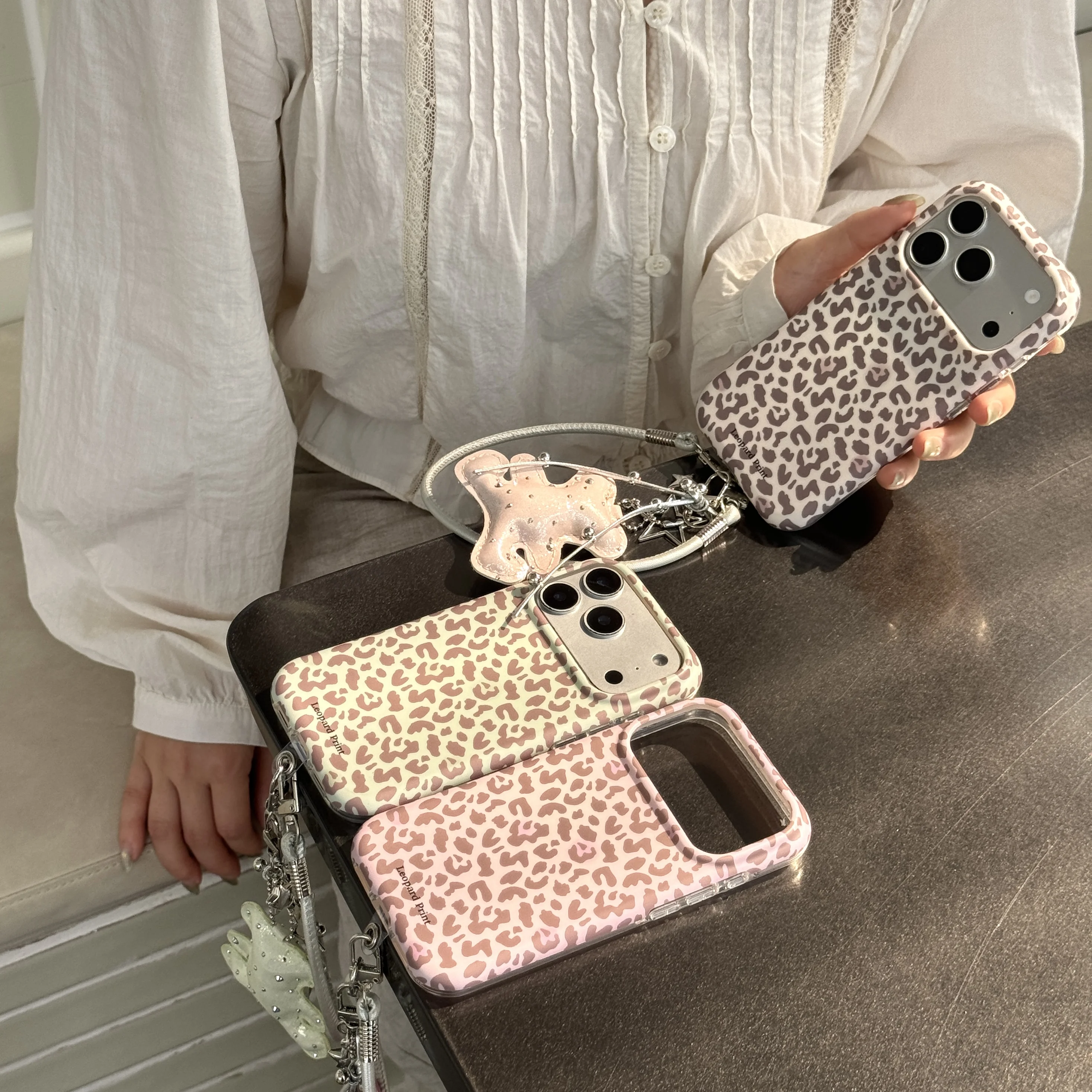 Retro Mint Green & Pink Leopard Print Matte Phone Case with Bear Star Lanyard