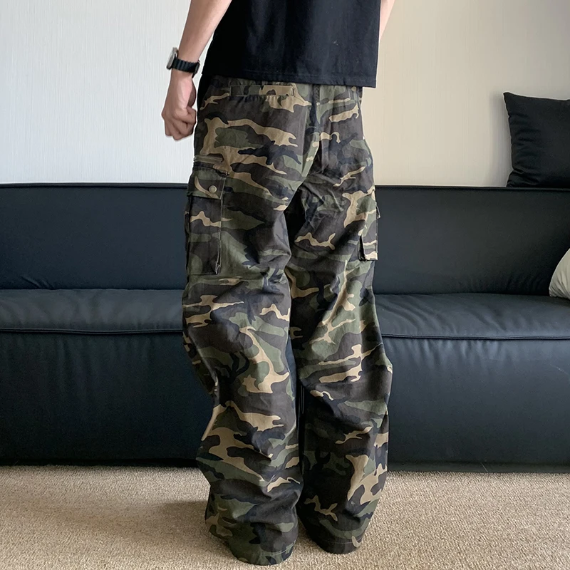 FEWQ High Street Loose Straight Tube Large Pocket Workwear Pants High Waist Camouflage Trendy 2024 Contrast Male Trousers 4