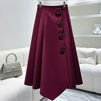2024 New Temperament Red A-line Skirt High Waist Women Clothing Elegant Irregular Solid Color Long Dress Autumn Korean Skirts 1