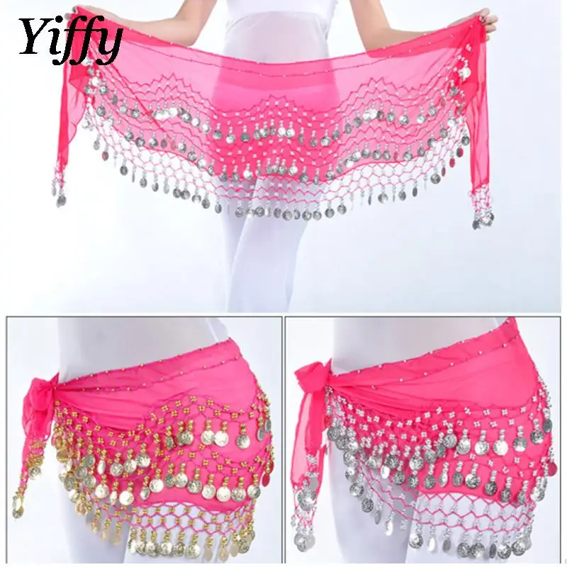 

Women Belly Dance Hip Scarf Sexy Tassel Sequin Hip Waist Chain 3 Rows 128 Coins Chiffon Fabric Dance Performance Accessories