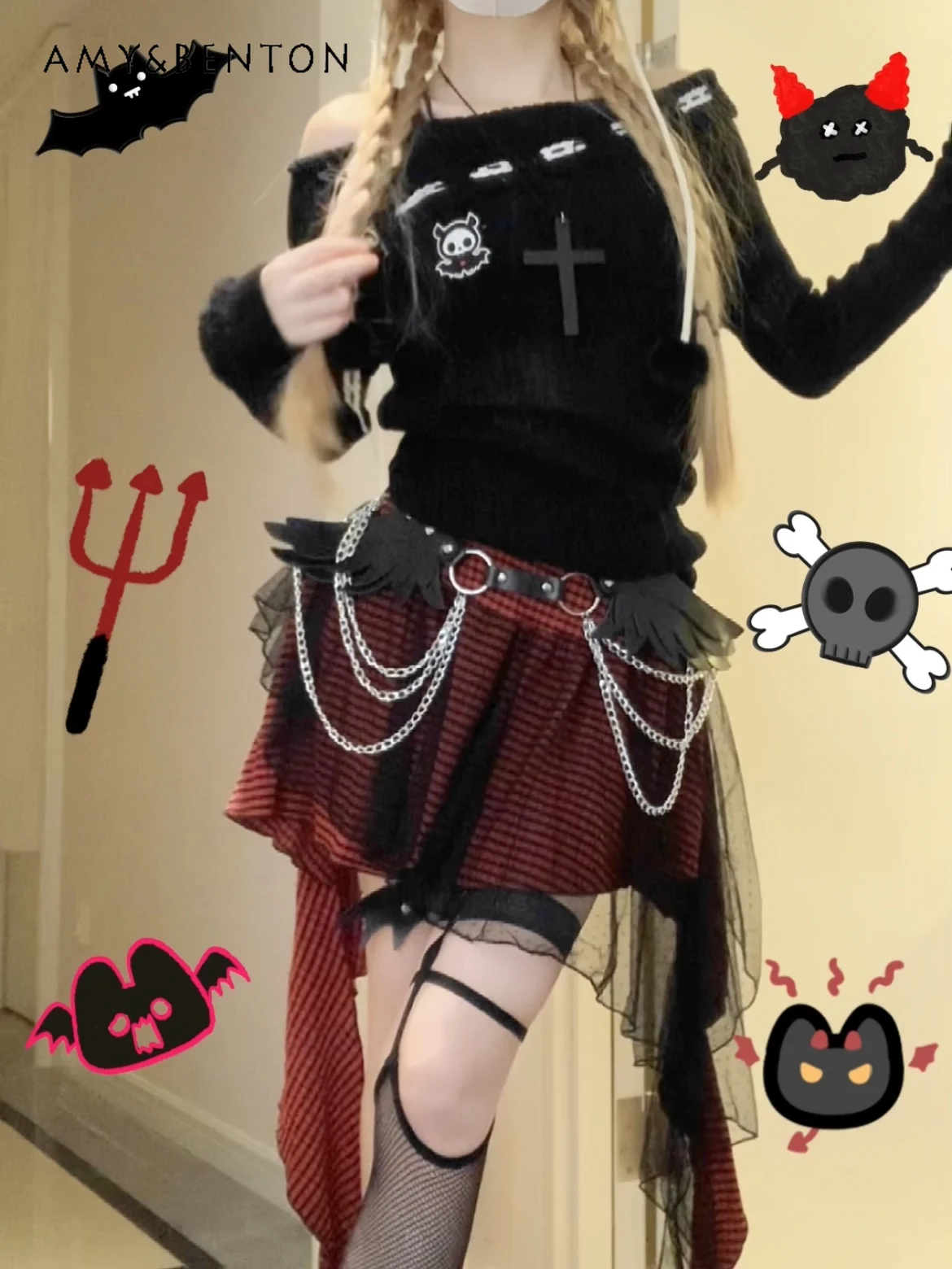 

Милый крутой пикантный облегающий свитер в стиле Харадзюку с открытыми плечами, нестандартная Лоскутная мини-юбка в стиле панк, готические комплекты из двух предметов, одежда для субкультуры Y2K