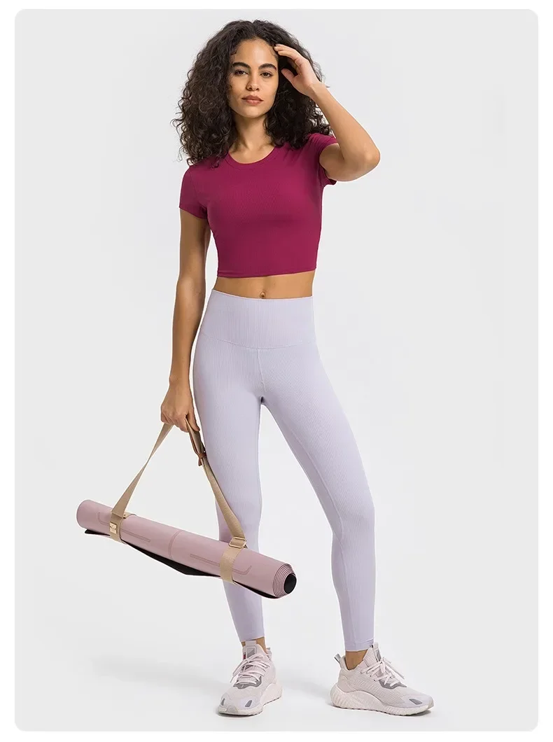 Lemon Women's Crew Neck Ribbed Crop Tops Short Sleeve Strong Stretch Yoga Shirts Summer Slim Gym Clothing for Street Girls