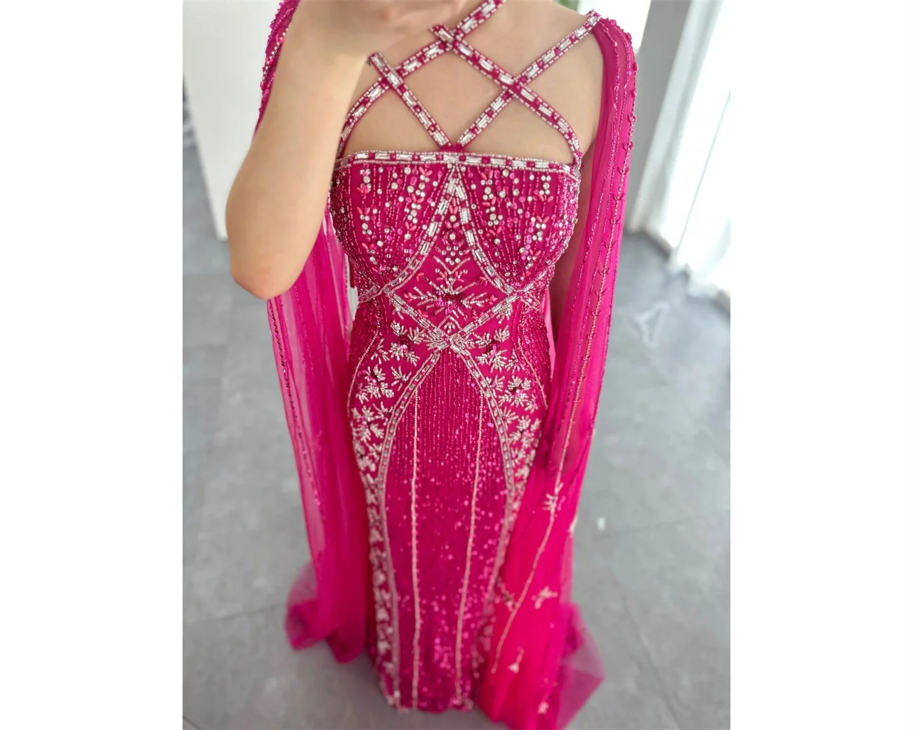 Classic Wedding Dress Cape Sleeves To Floor Square Collar Tie Beaded Patch Diamond Tulle Lace Luxury Blue/Purple Prom  Dress
