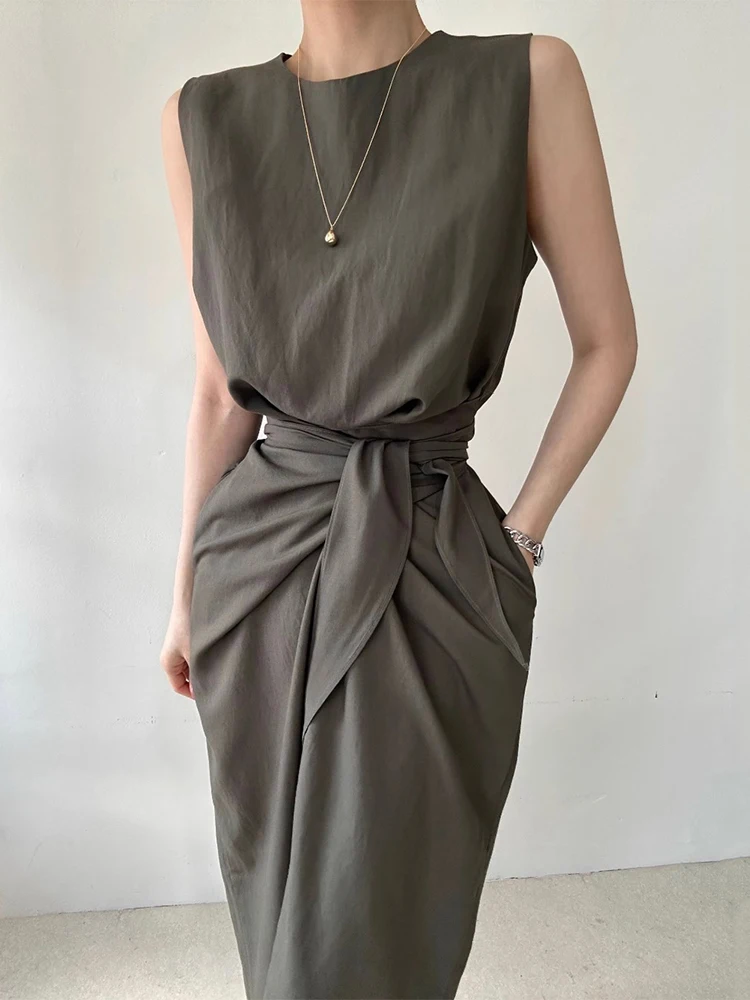 Korejpaa Korean Fashion Summer Dress Elegant Round Neck Twisted Tie Design Waist Slimming Vest Dresses Women Clothes Vestido