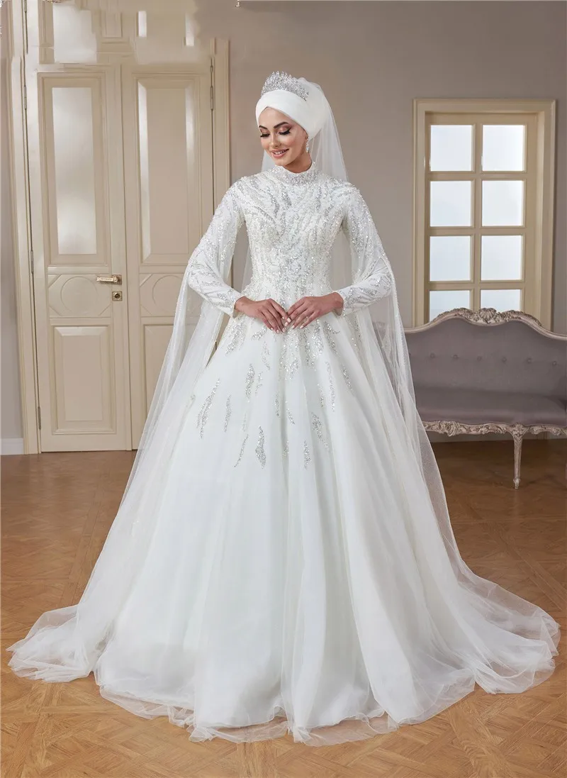 

Muslim Wedding Dress High Neck Luxury Beaded Islamic Hijab Bridal Gown Arabic Dubai Kaftan Vestidos De Novia Women's Party Dress