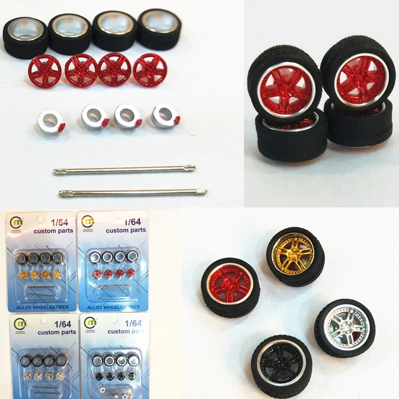 

1:64 Alloy Car Model Refitted Parts 11mm Metal Wheel Rubber Tire Gold Silver Red Black