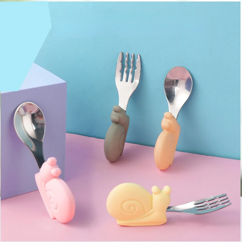 2Pcs Cartoon Elephant Spoon Fork Set Non-slip Infant Feeding Children Tableware Kids Training Spoon Silicone/Stainless Steel