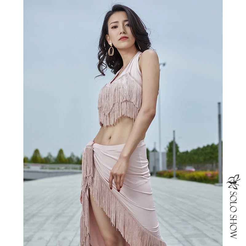 

Summer New Belly Dance Practie Suit Halterneck Top with Fringed Skirt for Women Dancers Stage Performance Dance Dress E22174